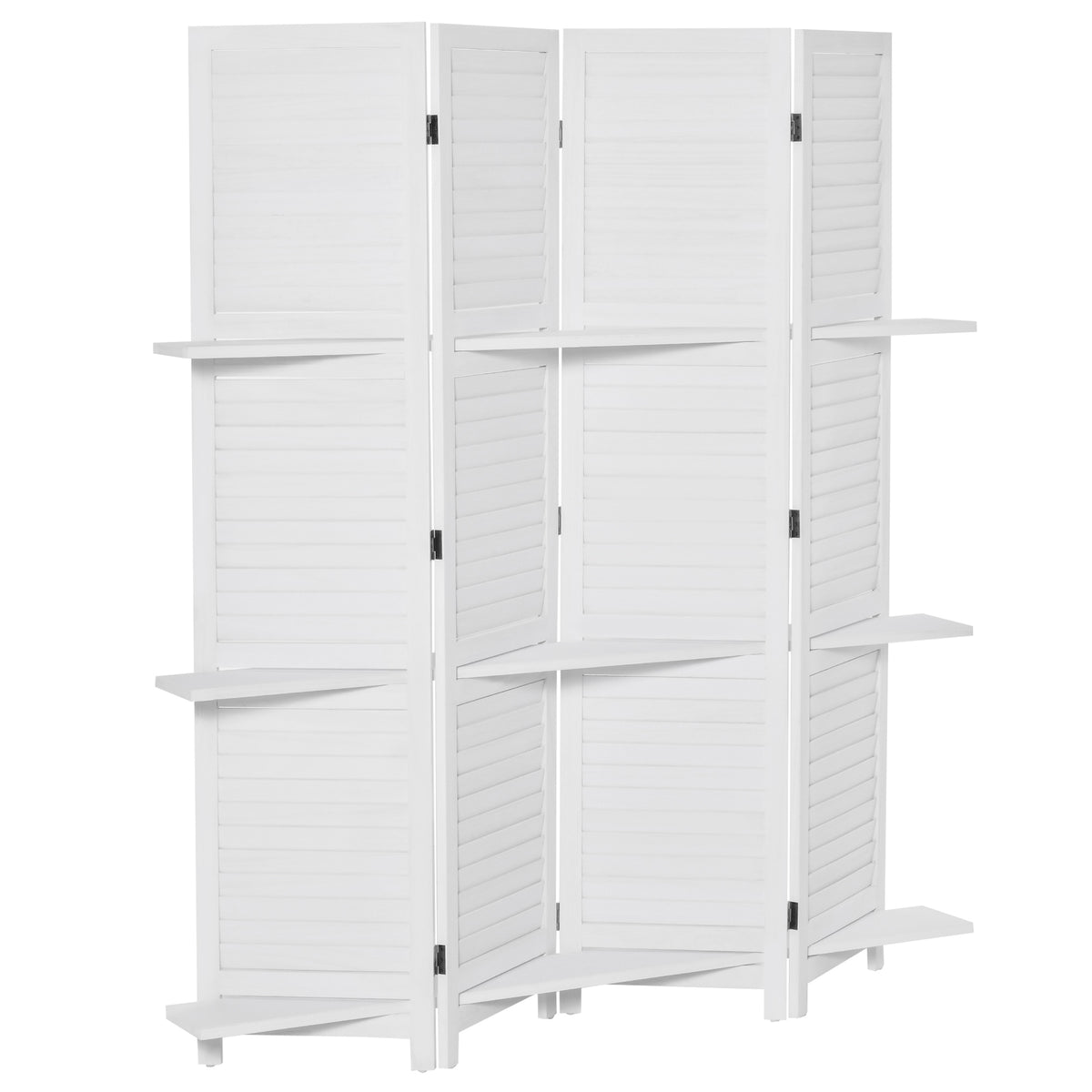 Paravent Intérieur en Bois 4 Panneaux 160 x 170 cm, Séparateur de Pièce Pliable avec 3 Étagères, Cloison de Séparation pour Salon, Chambre à Coucher, Maison, Blanc-0