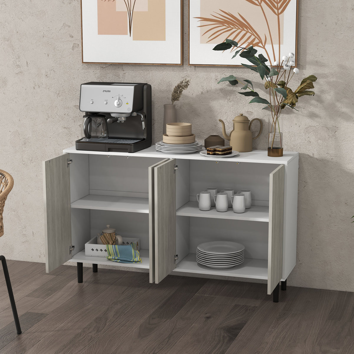 Buffet de cuisine meuble de rangement 2 placards avec étagères réglables, 121 x 37 x 75 cm, blanc et aspect bois gris-7