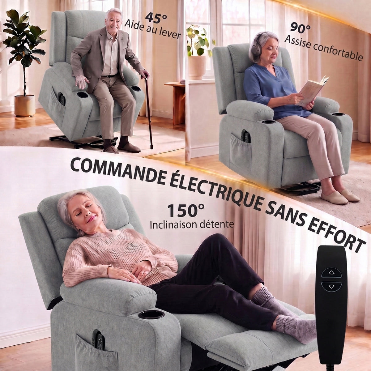 Fauteuil Releveur Électrique Massage Vibration et Chaleur, Fauteuil Relax Électrique, Dossier Inclinable, Port USB, Gris-3