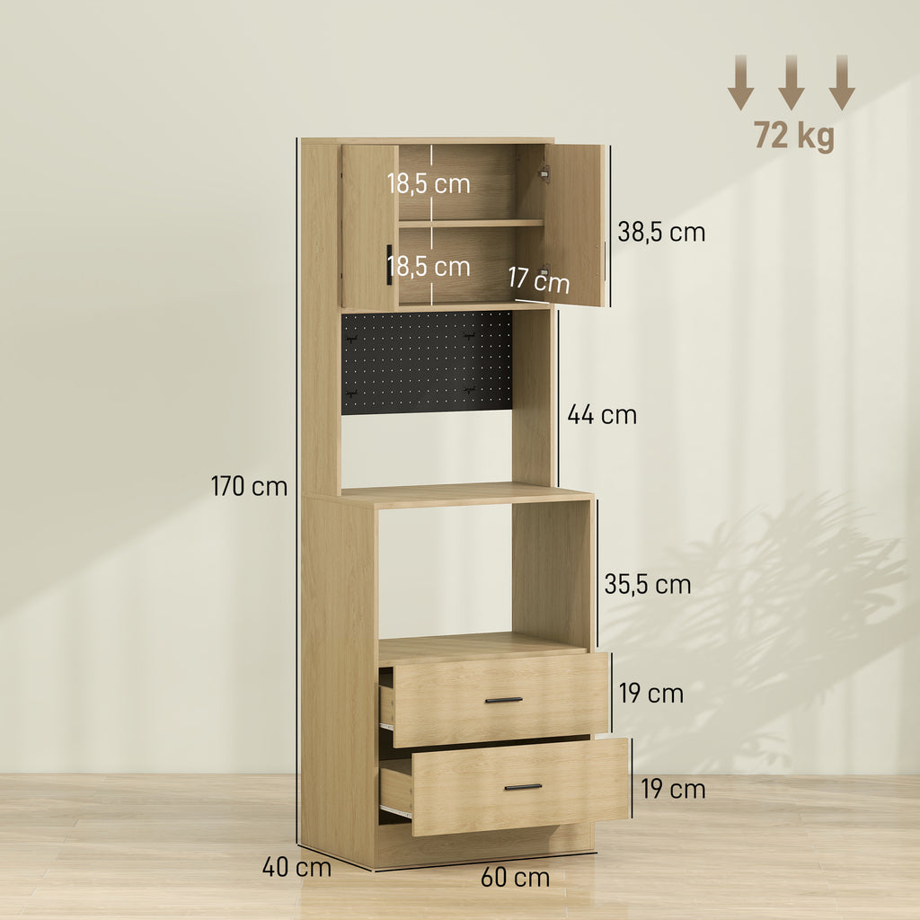Meuble micro-ondes, buffet, 2 tiroirs, 2 portes, plan de travail, étagère réglable, panneau perforé, 4 crochets, naturel-2