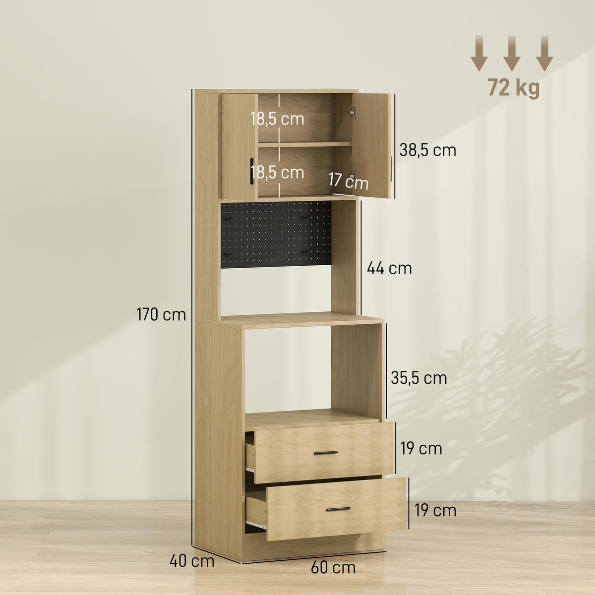 Meuble micro-ondes, buffet, 2 tiroirs, 2 portes, plan de travail, étagère réglable, panneau perforé, 4 crochets, naturel-2