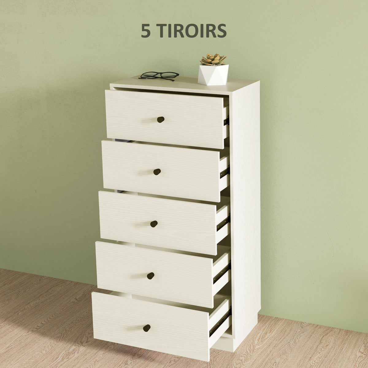 Commode 5 tiroirs, meuble de rangement haut et étroit, style moderne pour chambre à coucher, salon - 47x29x95cm, crème-3