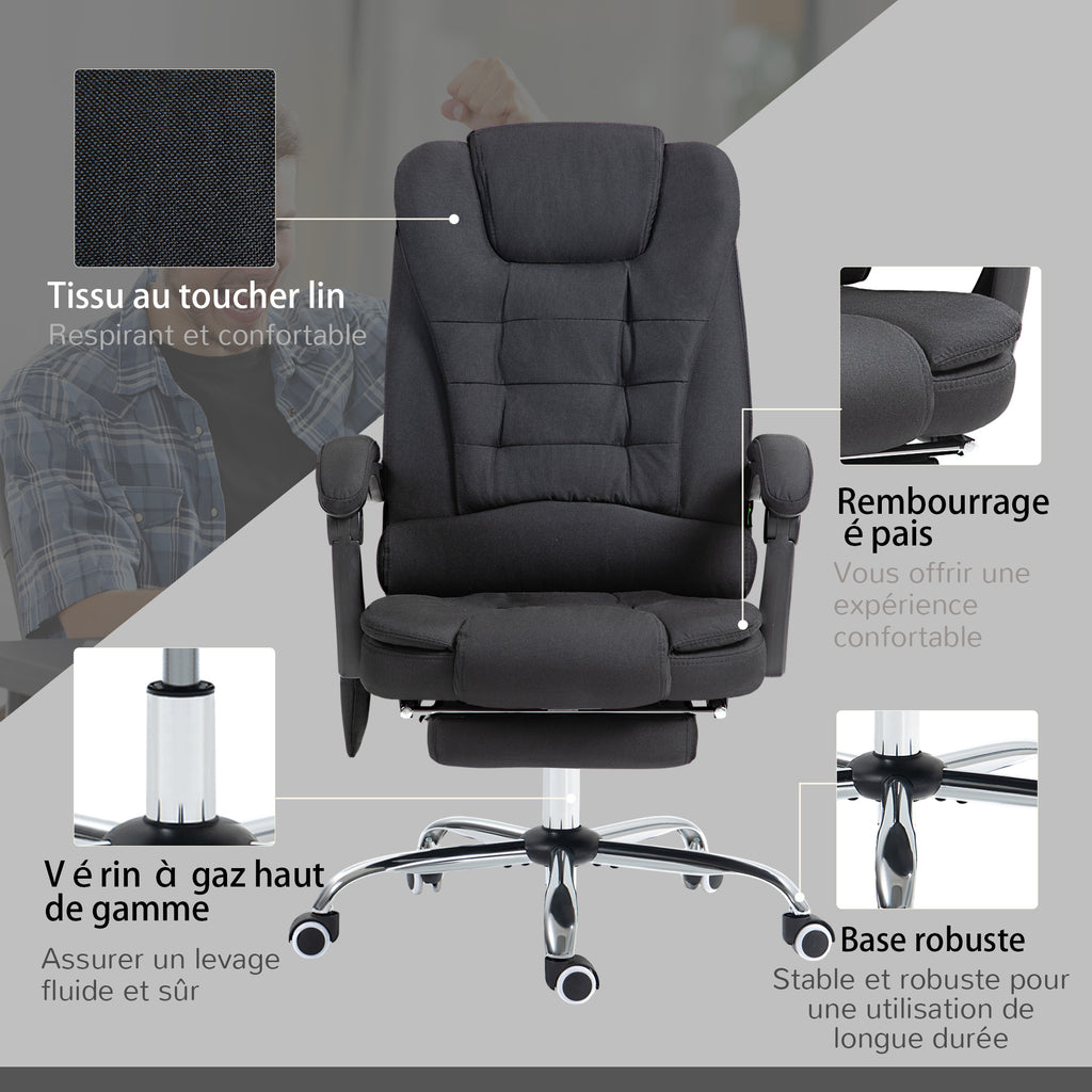 Fauteuil de bureau direction massant chauffant hauteur réglable dossier inclinable toile de lin noir-7