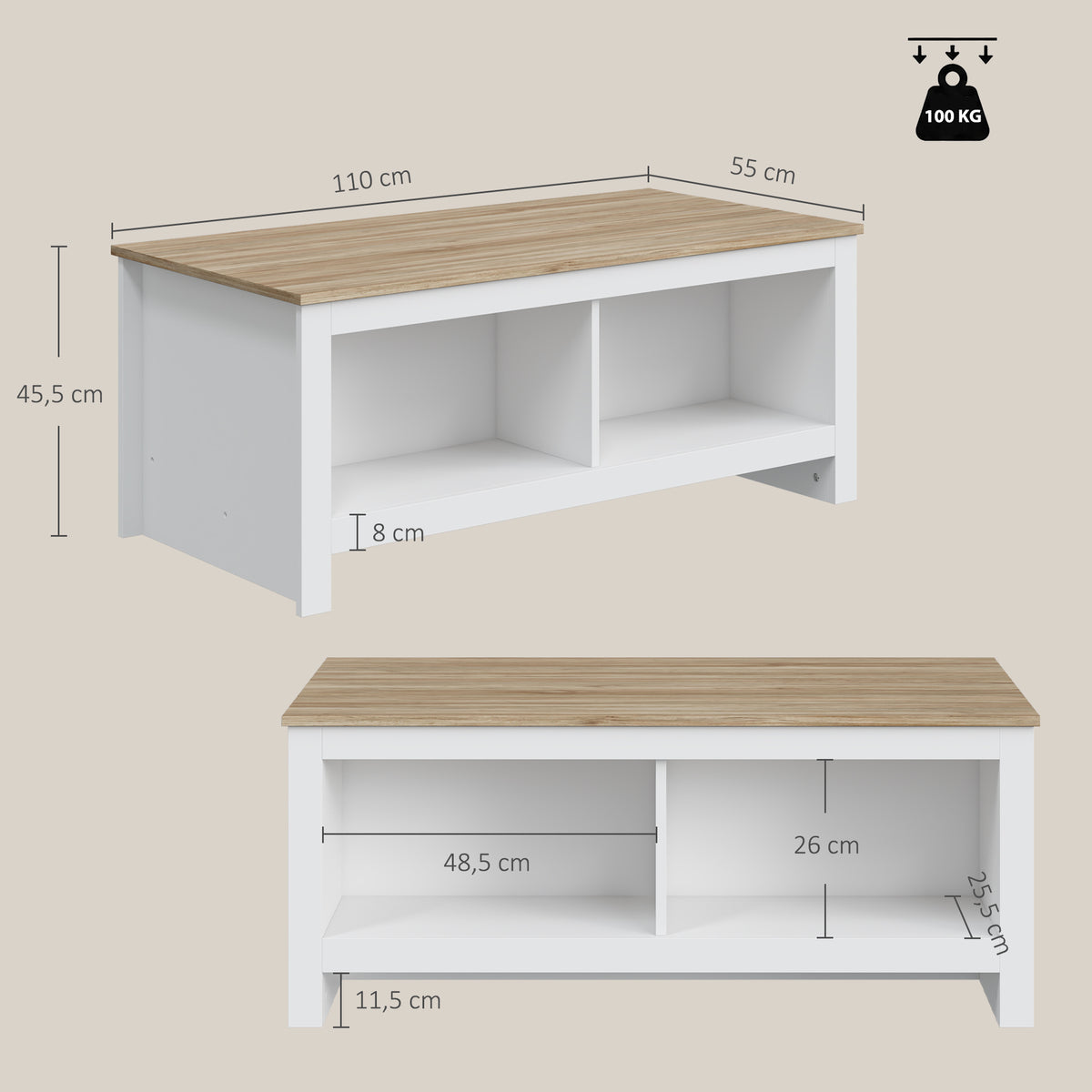Table Basse Rectangulaire, Table de Salon Moderne avec 4 Compartiments Ouverts, 110 x 55 x 45,5 cm, Chêne et Blanc-2