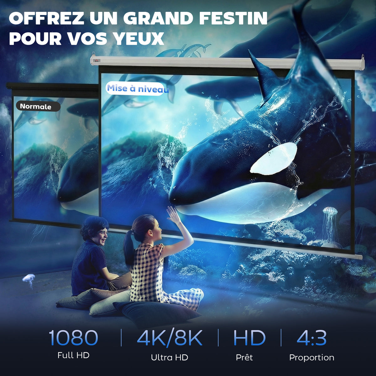Écran vidéoprojecteur 84 Pouces, 4:3 4K HD écran de projection motorisé et électrique, écran de projection tv et home cinéma, montage mural ou plafond, panneau de commande et télécommande-3