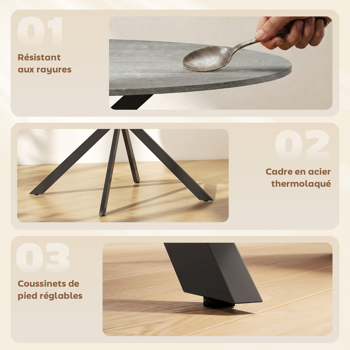 Table à Manger Ronde pour 4 Personnes 100 cm, Style Industriel avec Plateau Aspect Bois, Piètement Croisé en Acier, Gris-5