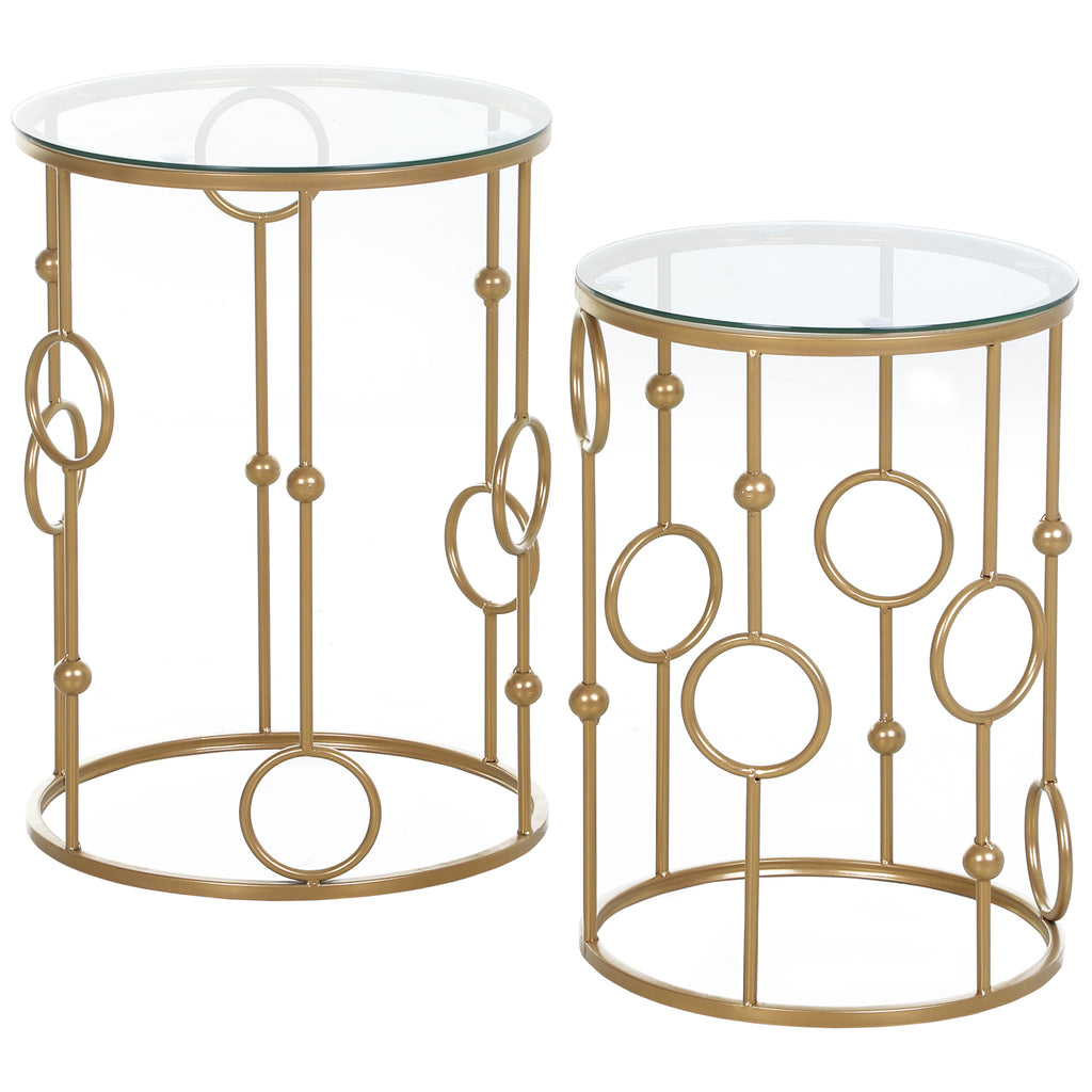 Tables gigognes Lot de 2 Tables Basses Rondes Design Style Art déco Ø 41 et Ø 36 cm métal doré Verre trempé 5 mm-0