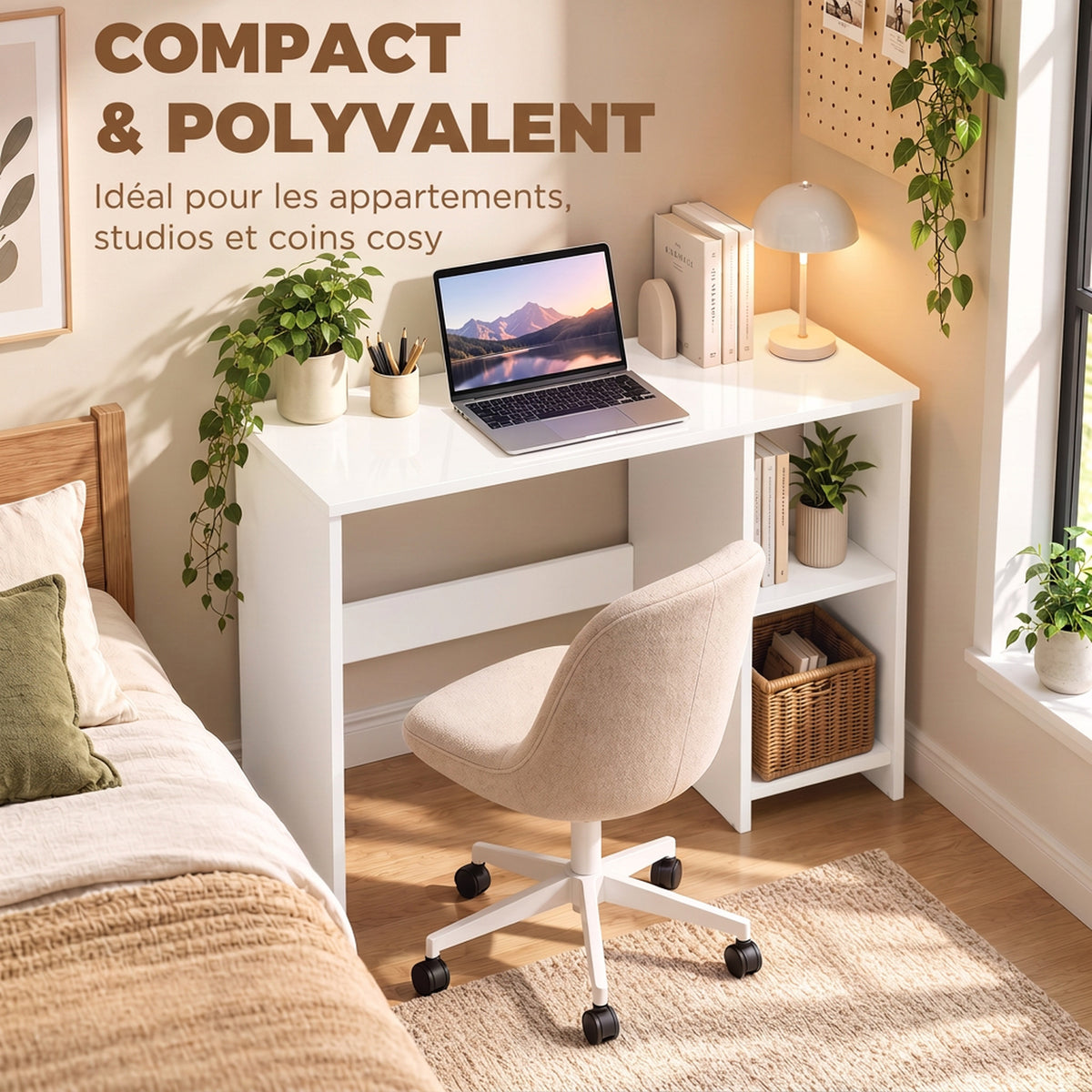 Bureau d'Ordinateur à Haute Brillance avec 2 Étagères Ouvertes, 80 x 40 cm, Style Moderne, Blanc-4