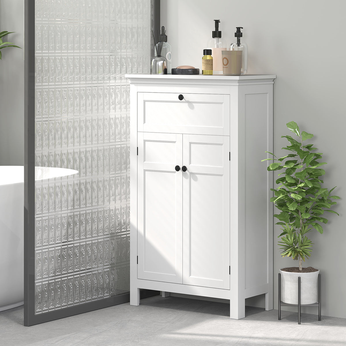 Meuble de salle de bain avec tiroir et étagères réglables, armoire de rangement sur pied, hauteur 102,5 cm, blanc-1