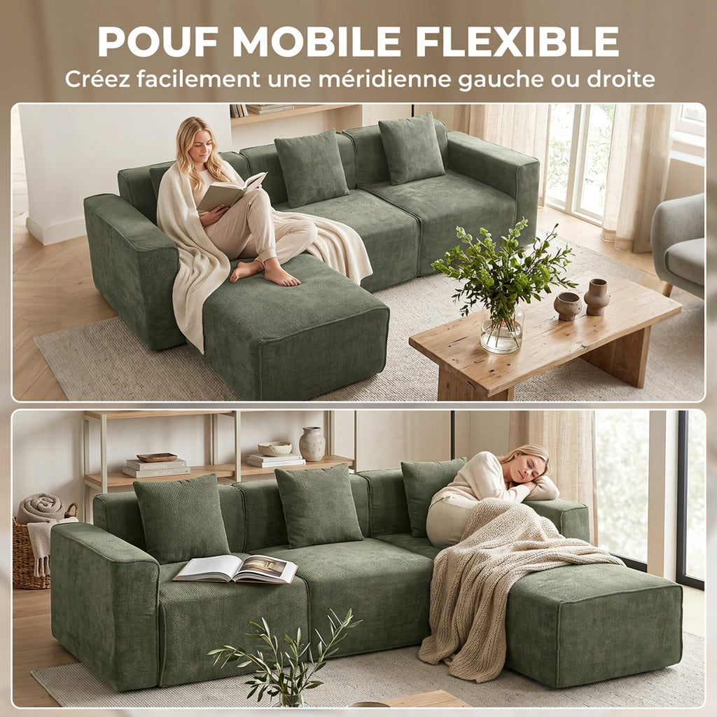 Canapé 3 Places avec Pouf Réversible, Canapé d'Angle Modulable en Chenille 251 cm Moderne, Assise Large, Vert-3