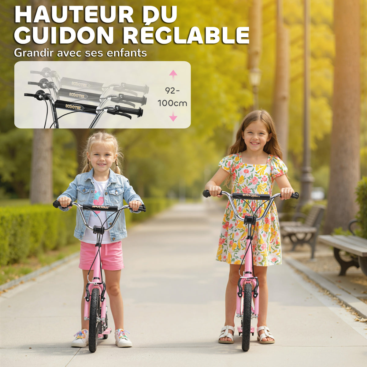 Trottinette patinette Enfant à partir de 5 Ans Grands pneus Guidon réglable poignées Freins et béquille Acier Rose-3