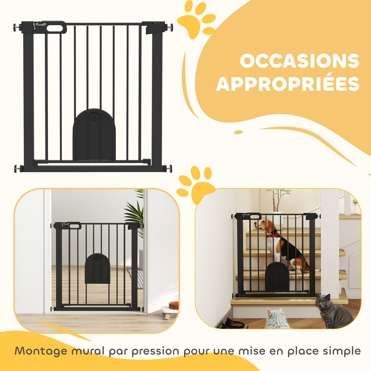Barrière de sécurité animaux avec porte fermeture automatique système de double verrouillage, acier noir-7