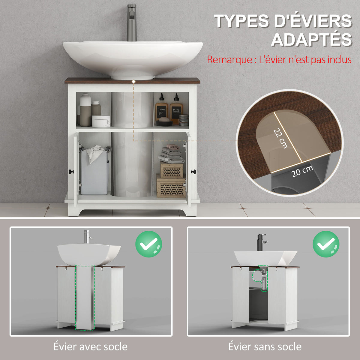 Meuble sous lavabo salle de bain meuble sous vasque - niche et placard à portes doubles, 60 x 30 x 60 cm, blanc-3