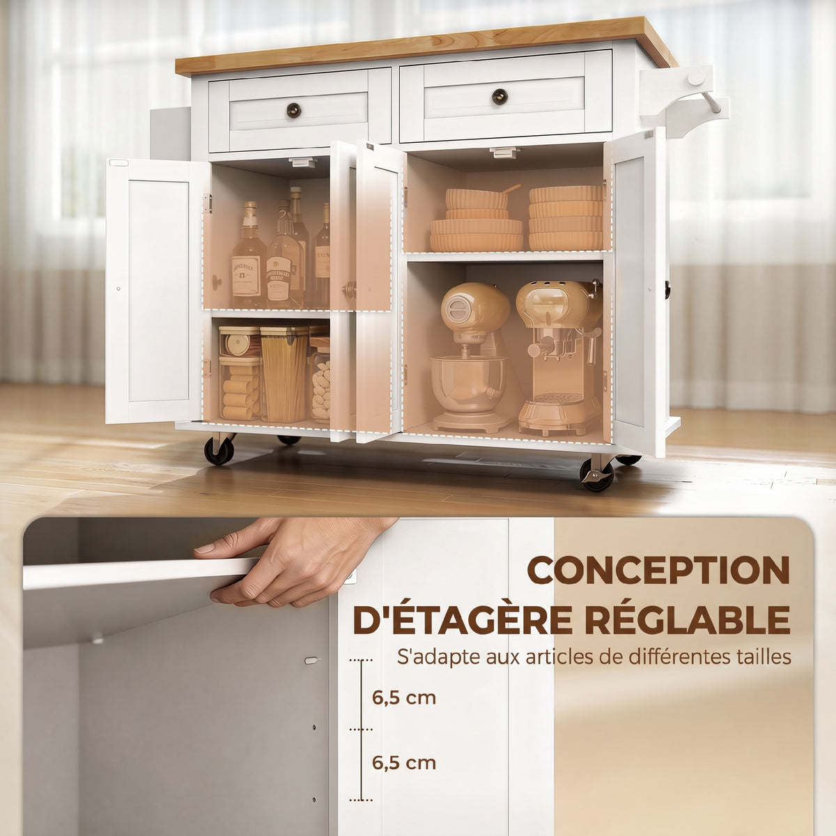 Îlot Central Cuisine avec Plateau en Hévéa, Desserte de Cuisine sur Roulettes avec 2 Tiroirs, 111 x 44,5 x 82,5cm, blanc-4