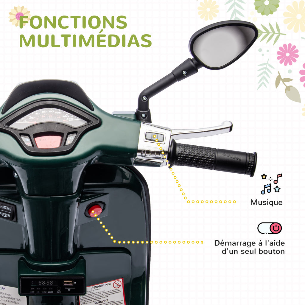 Scooter électrique enfant Vespa 6 V dim. 107L x 47l x 73H cm Musique MP3 Port USB Phare 2 roues d'entraînement - Vert-4