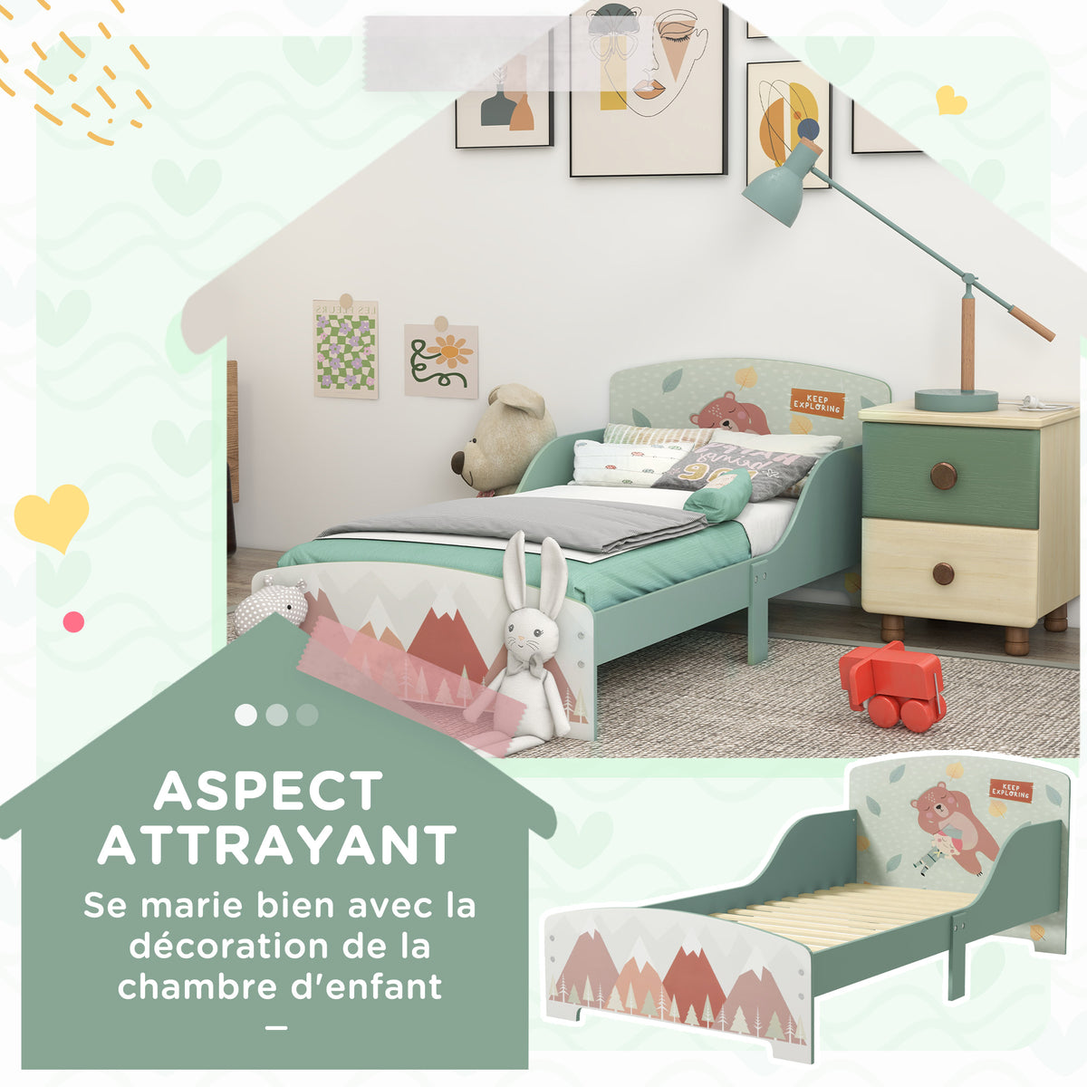Lit pour enfant 3-6 ans avec barrières de sécurité et motifs dim. 77 x 143 x 60 cm sommier à lattes inclus - Vert-3