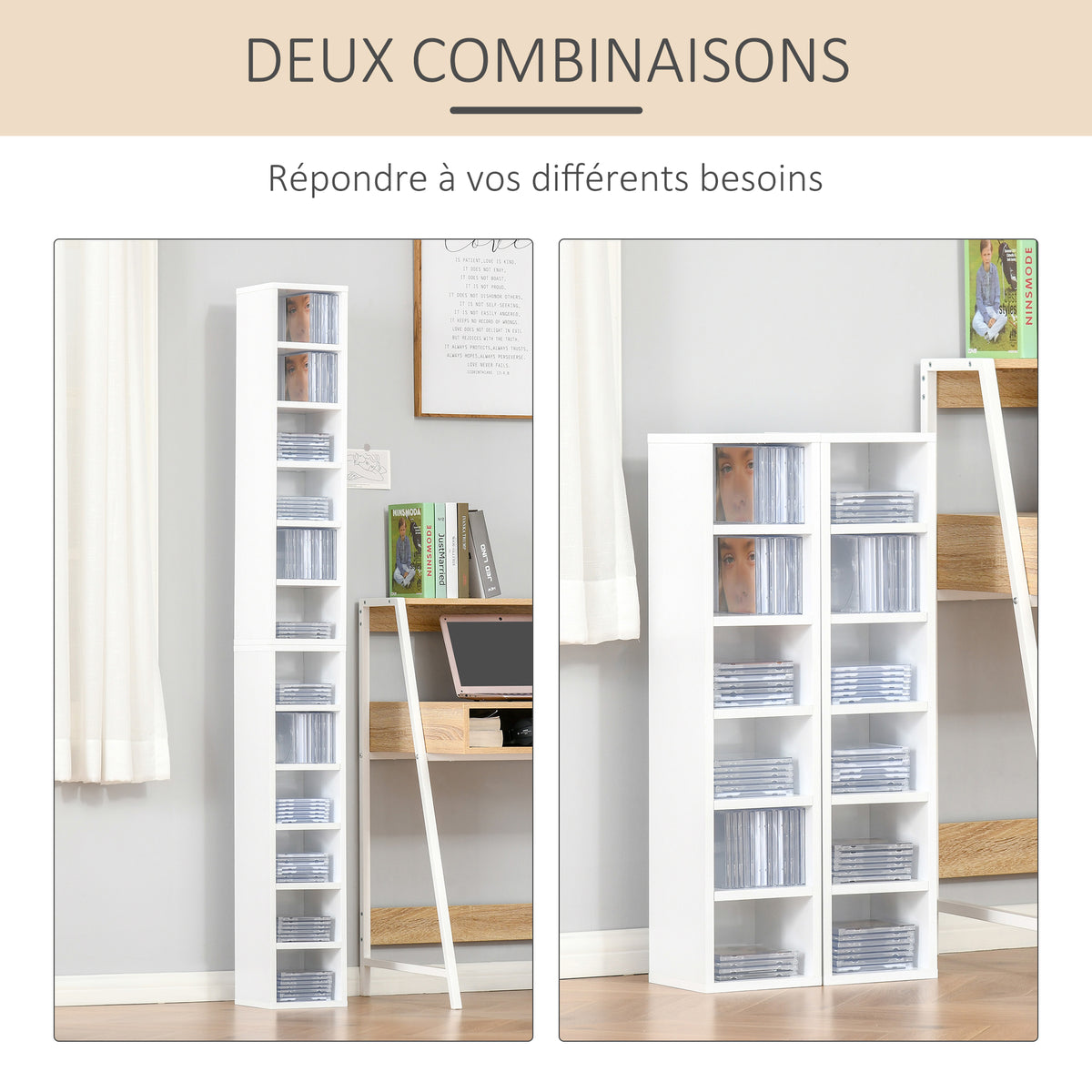 Lot de 2 étagères colonnes Armoire de Rangement CD-DVD 6 + 6 Compartiments dim. 21L x 19l x 88H cm capacité Max. 160 CD Blanc-4