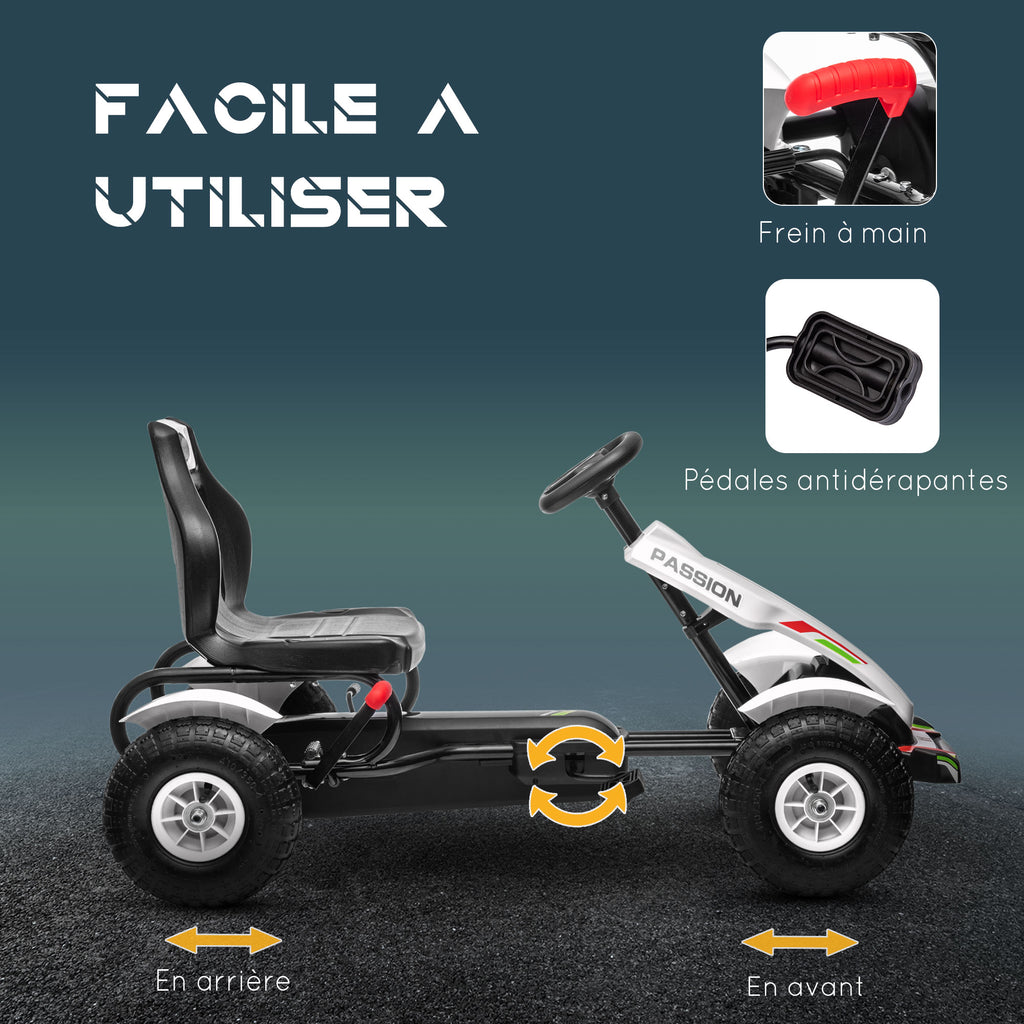 Kart à pédales pour enfant siège réglable 3 positions frein à main enfant de 5 à 12 ans blanc noir-4