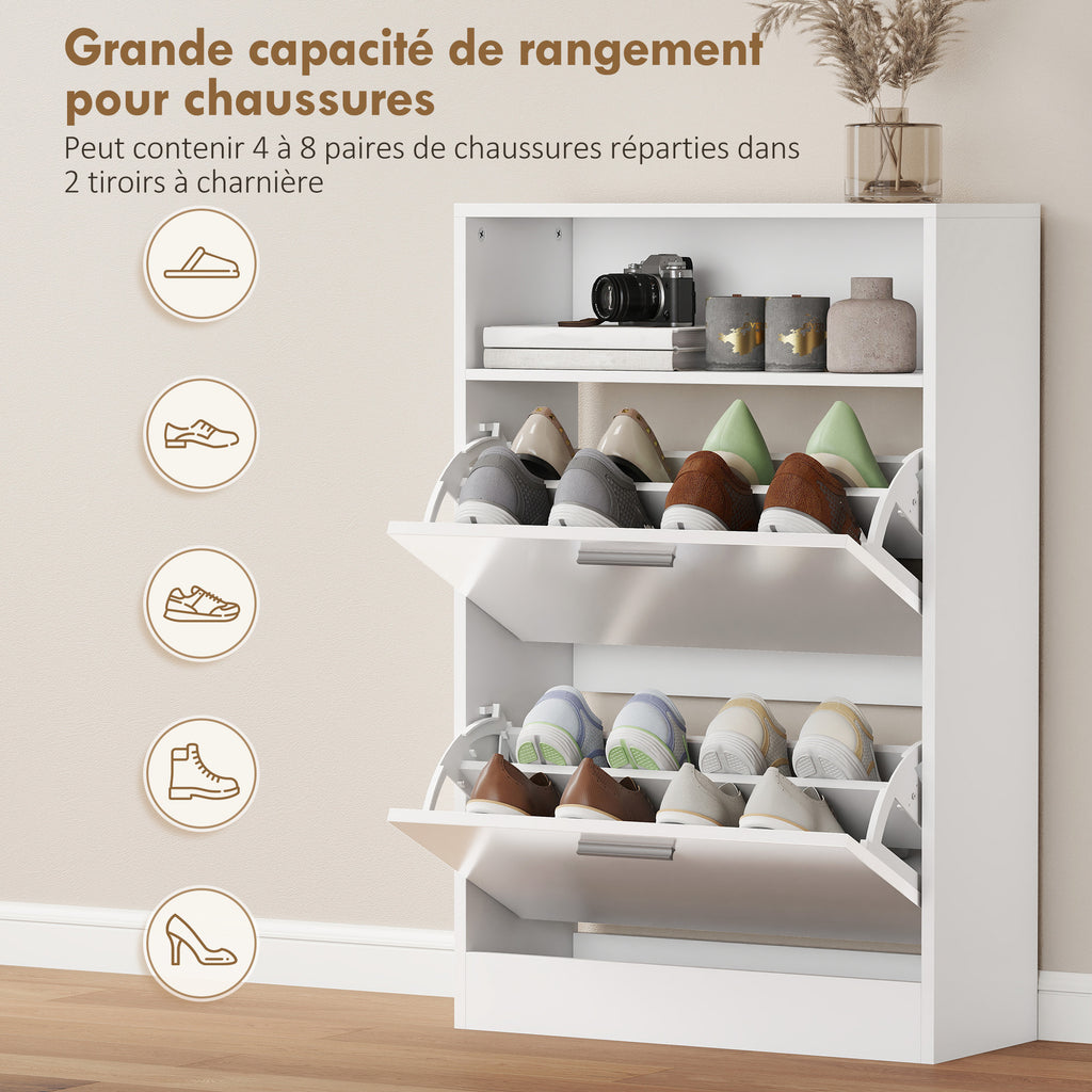 Meuble à chaussures 8 paires, armoire à chaussures, 2 tiroirs rabattables, étagères réglables et compartiment, blanc-4