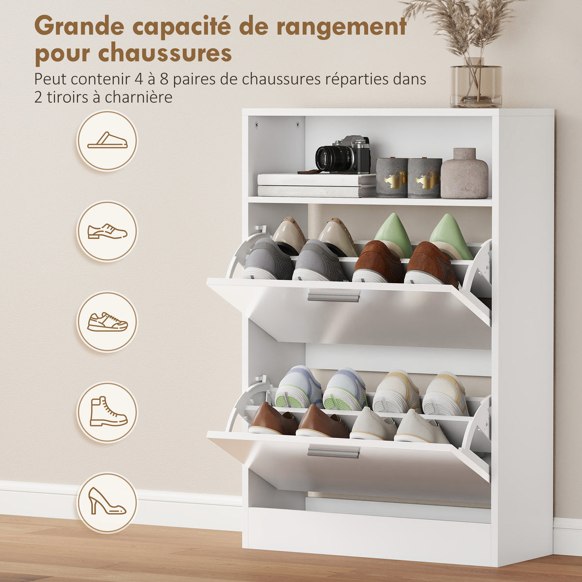 Meuble à chaussures 8 paires, armoire à chaussures, 2 tiroirs rabattables, étagères réglables et compartiment, blanc-4
