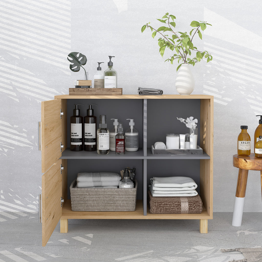 Meuble de salle de bain, meuble de rangement avec compartiments ouverts et placard, dim. 80 x 35 x 70 cm, bois naturel-5
