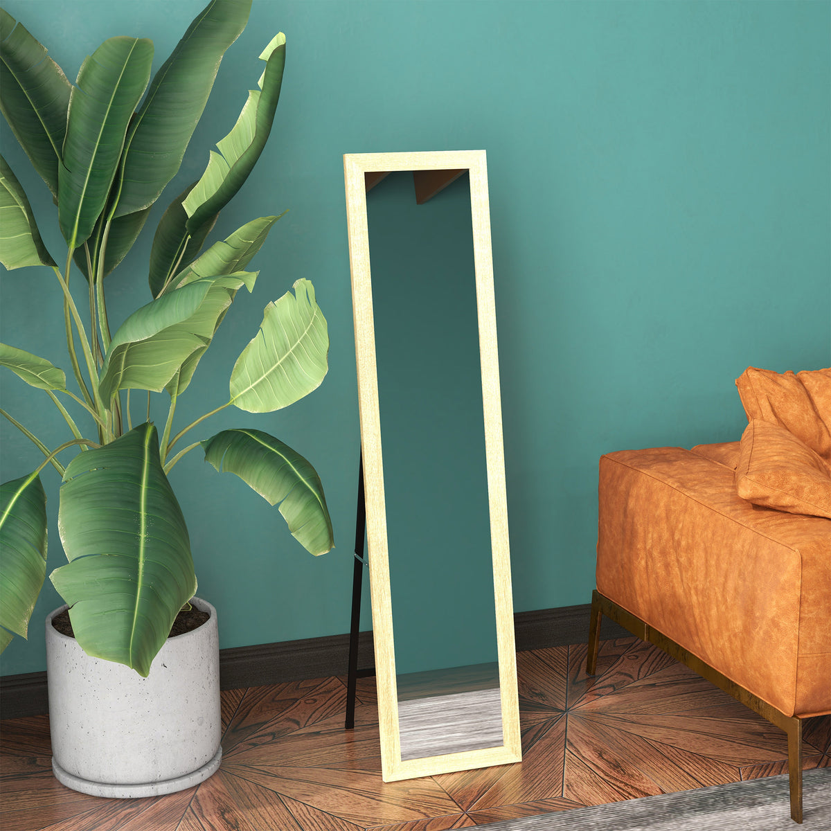 Miroir sur pied mural ou à poser rectangulaire avec cadre en bois pour salon chambre à coucher 37 x 155 cm marron clair-9