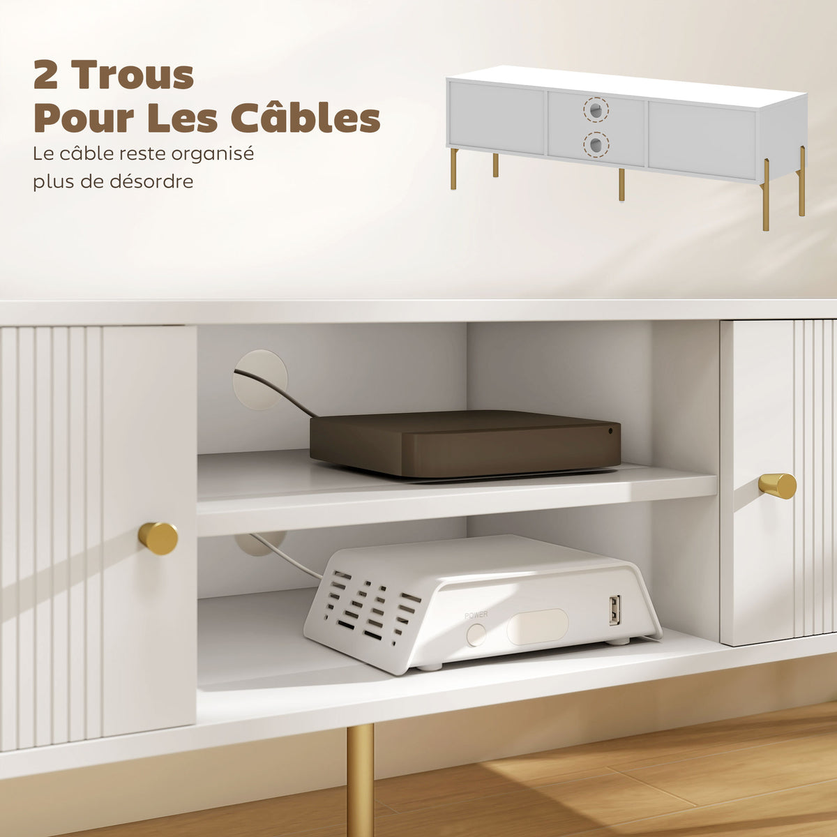 Meuble TV, meuble télé jusqu'à 65 pouces avec 2 portes, 2 compartiments ouverts, pieds en acier, 140x38x45,9cm, blanc-7