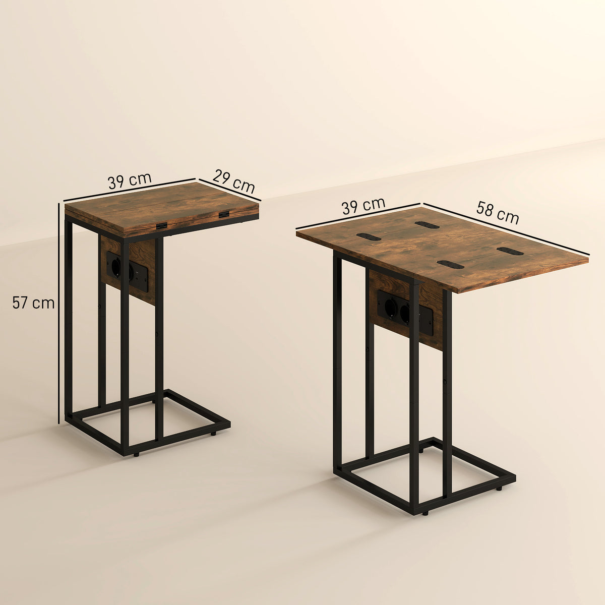 Table d'appoint bout de canapé avec station de charge, plateau pliable, 39 x 29 x 57 cm, brun rustique et noir-2