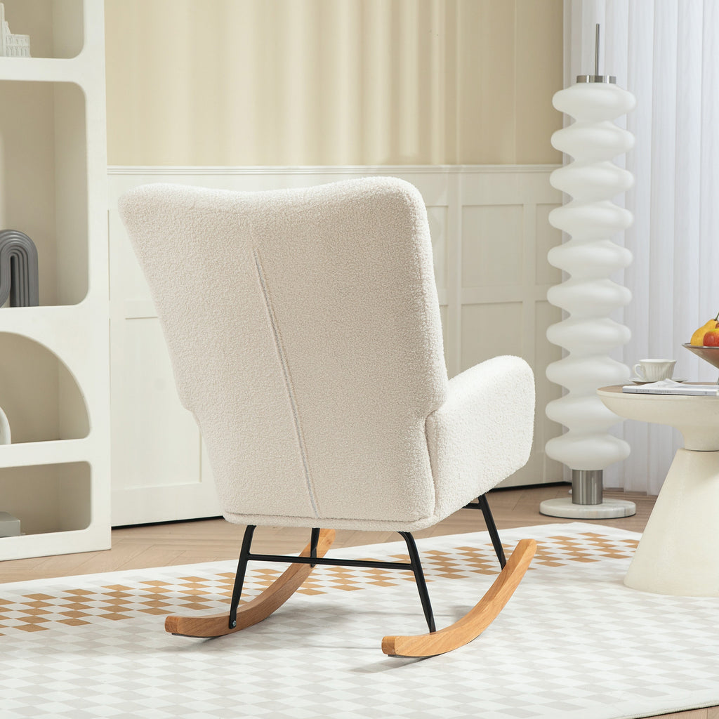 Fauteuil à bascule en tissu effet laine bouclée avec pieds en bois massif d'hévéa pour chambre, salon, crème-5