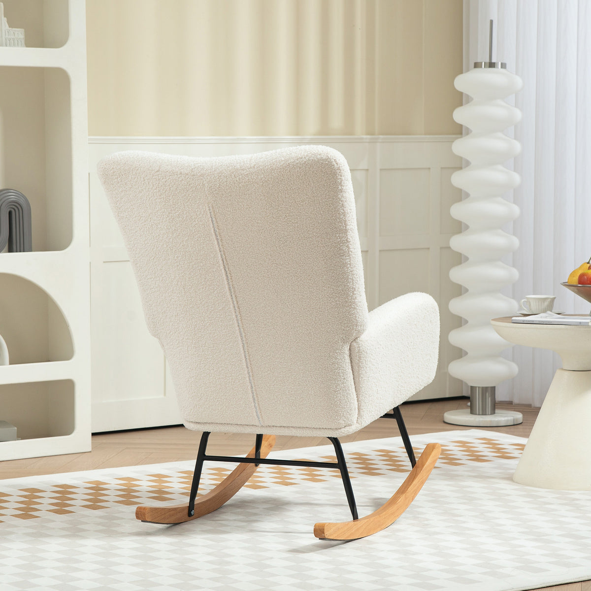 Fauteuil à bascule en tissu effet laine bouclée avec pieds en bois massif d'hévéa pour chambre, salon, crème-5