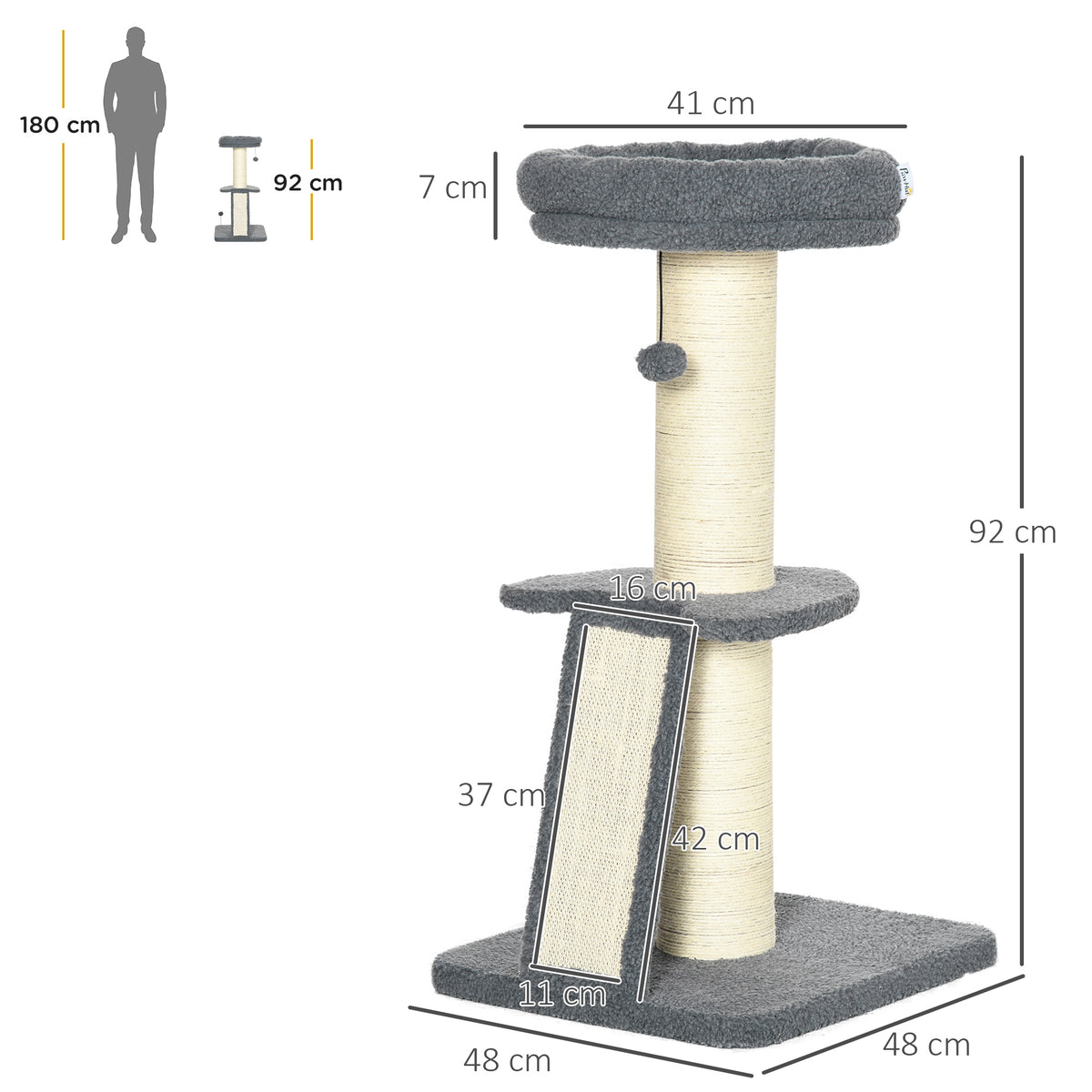 Arbre à chat avec griffoir tronc en sisal boules suspendues et plate-forme d'observation hauteur 92 cm - gris-2