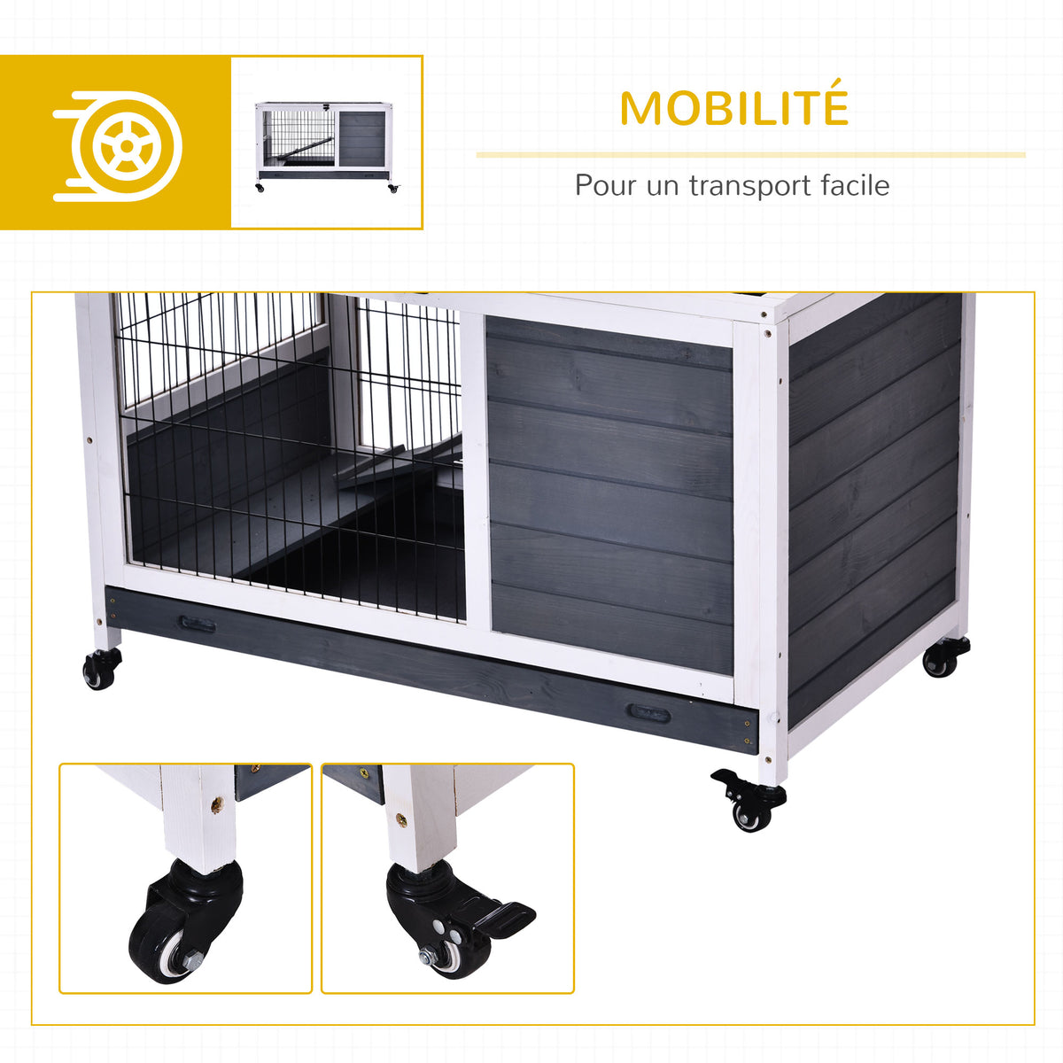 Clapier lapin intérieur, cage à lapins avec toit ouvrant, roulettes, plateau amovible et rampe, cage en bois, 90 x 53 x 59 cm, gris foncé et blanc-6