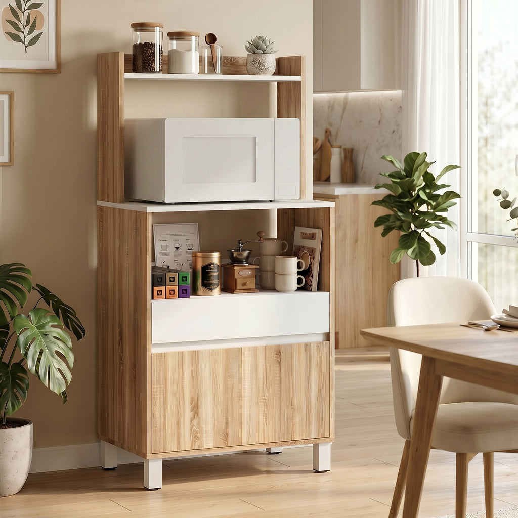 Meuble Micro-Ondes, Buffet Cuisine avec Tiroir, 2 Portes à Fermeture Douce, Plan de Travail et Étagères Ouvertes, Chêne-7