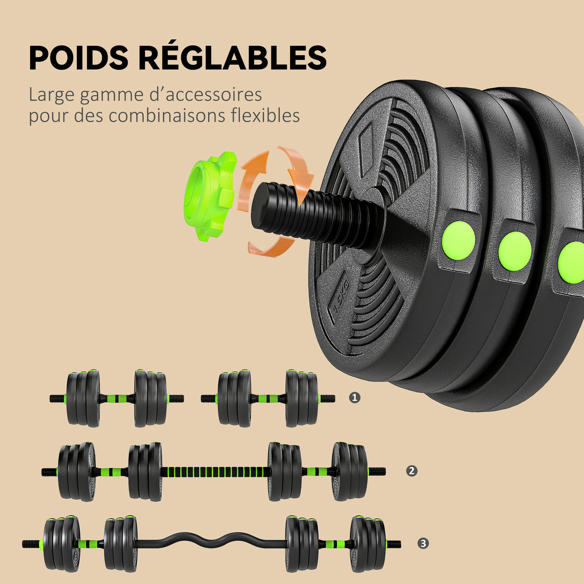 Kit haltères musculation haltères réglables 20 kg 3 en 1, ensemble de poids réglable avec barre d'extension noir-4