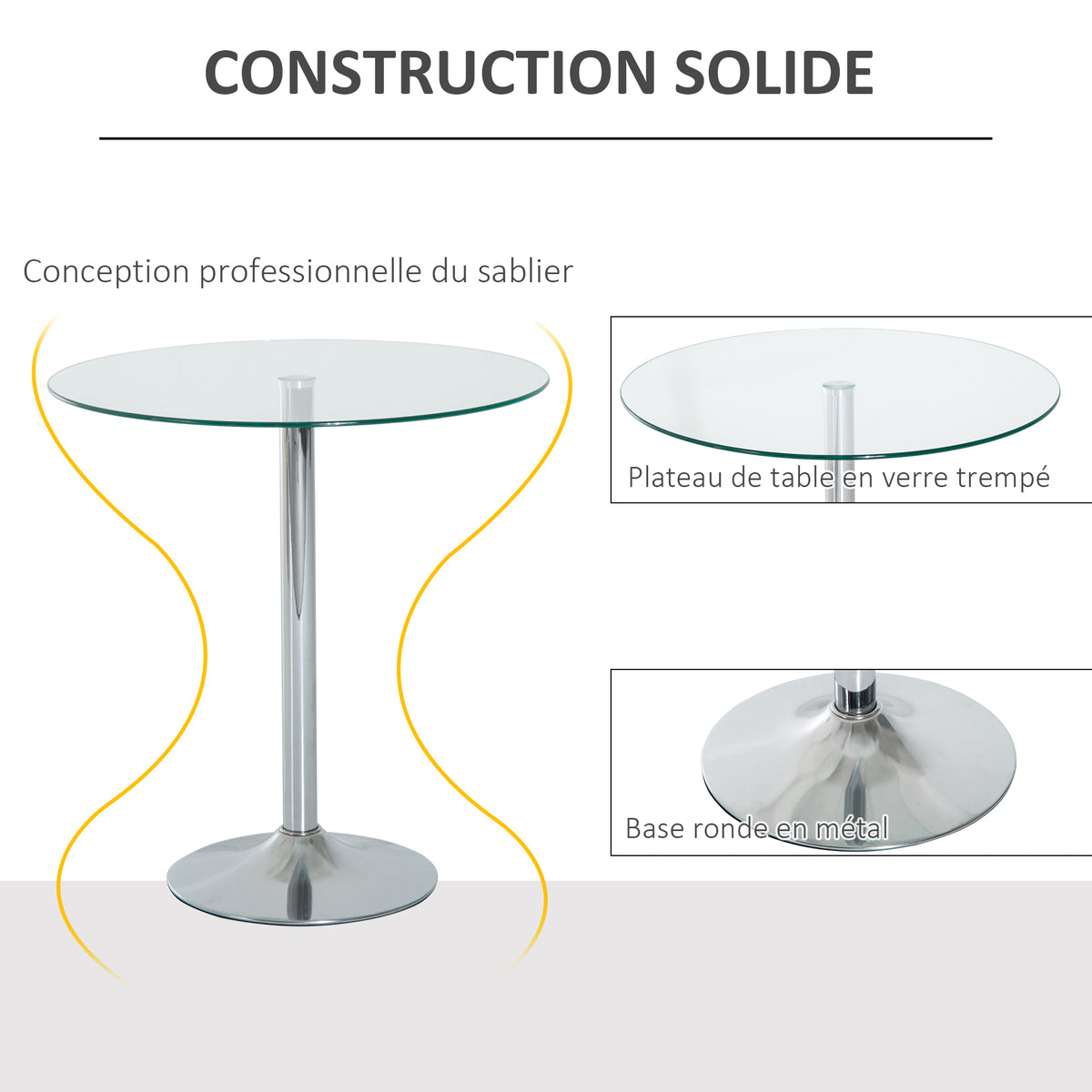 Table à manger ronde pour 2 personnes, table de cuisine moderne avec plateau en verre trempé et base en acier, argenté-3