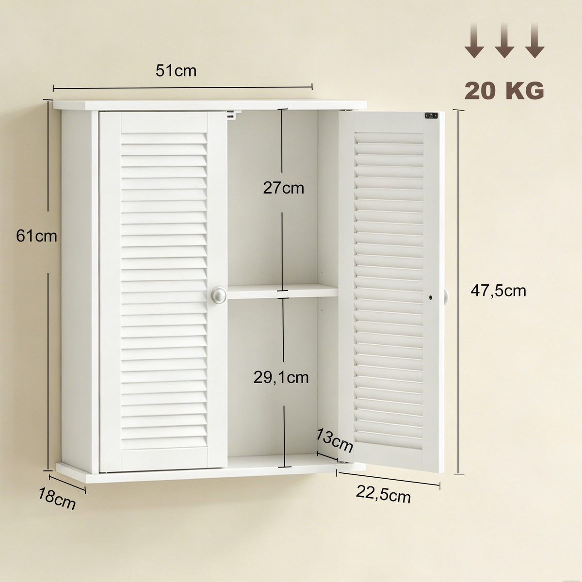 Armoire murale de salle de bain, meuble de rangement suspendu avec 2 portes persiennes et étagère réglable, blanc-2