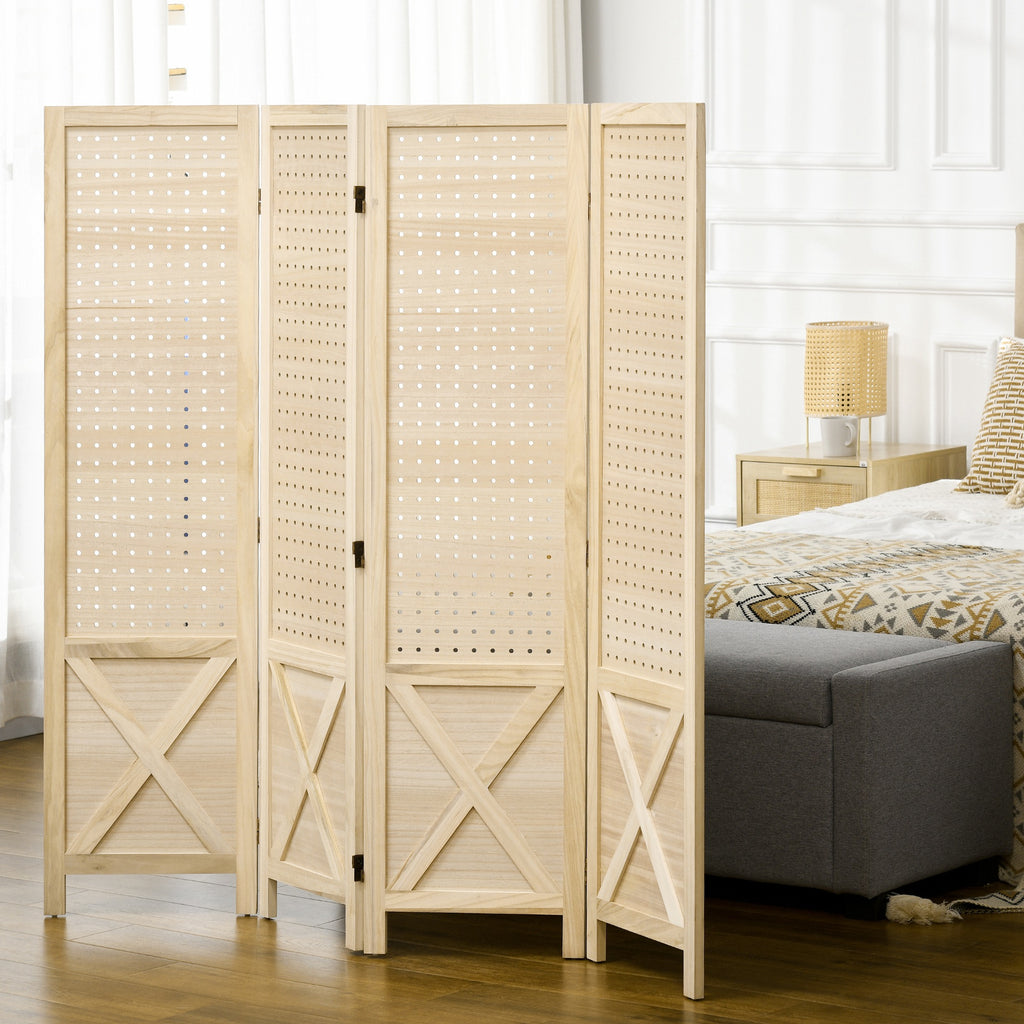 Paravent intérieur en bois 4 panneaux séparateur de pièce pliable panneau perforé 152 x 1,7 x 144,5 cm bois naturel-9