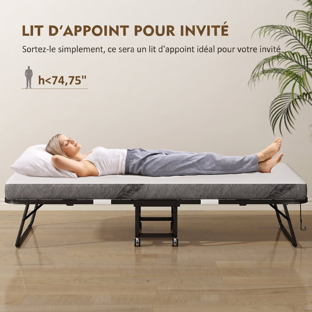 Lit pliant 1 personne 200 x 90 cm avec matelas, lit d'appoint pliable et portable sur roulettes, cadre en acier, blanc-3
