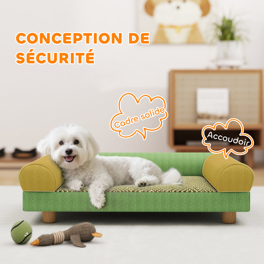 Canapé pour chien chat lit pour chien surélevé, assise de tapis frais, accoudoirs, en velours doux 63 x 41 x 17 cm, vert-4