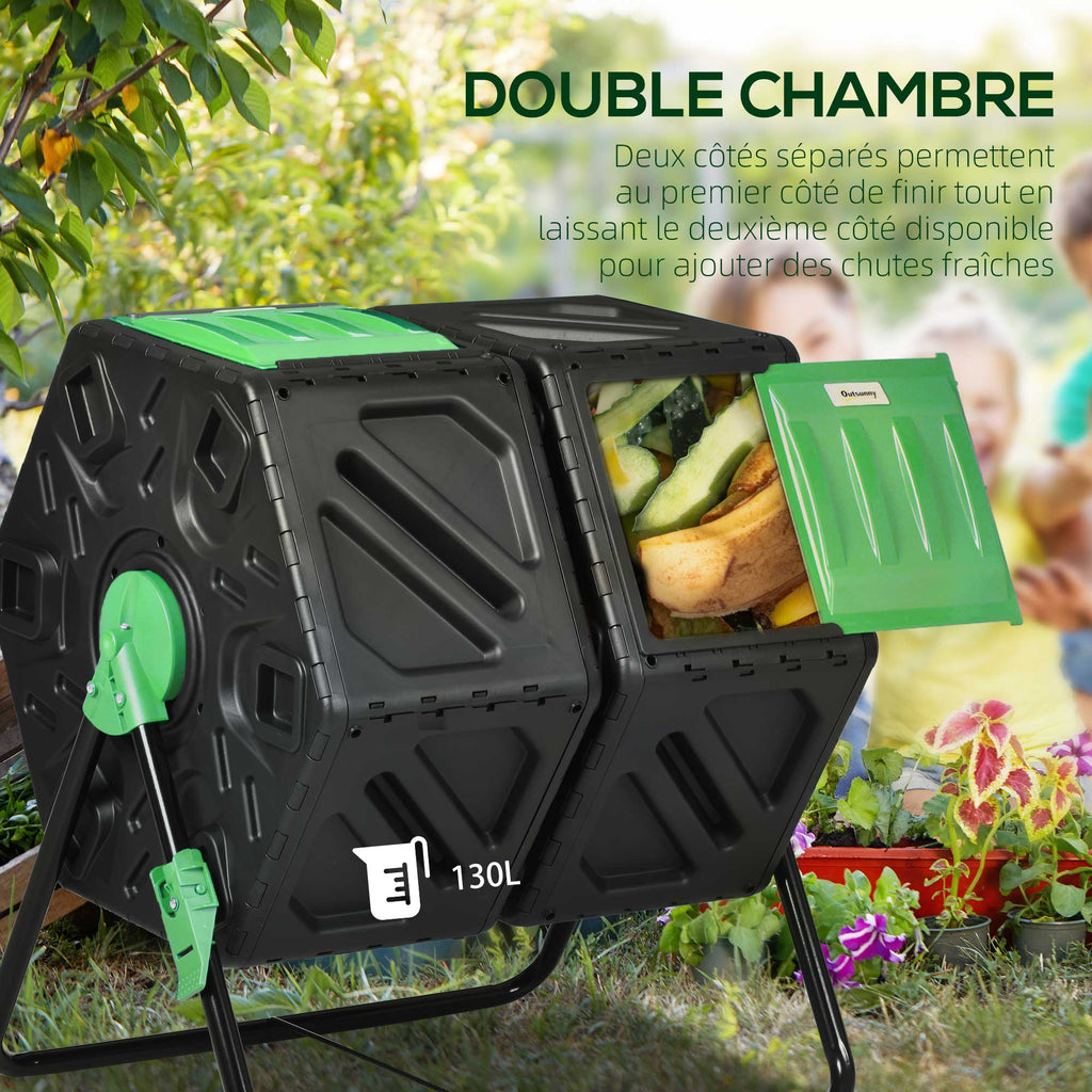 Composteur de jardin bac à compost pour déchets rotatif 360° double chambre 130 L acier PP 67 x 60 x 77 cm noir-3