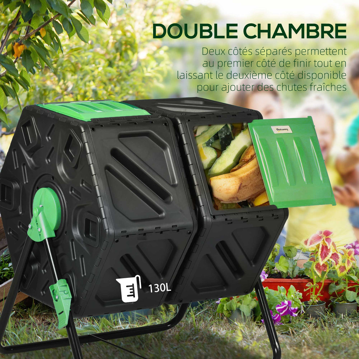 Composteur de jardin bac à compost pour déchets rotatif 360° double chambre 130 L acier PP 67 x 60 x 77 cm noir-3