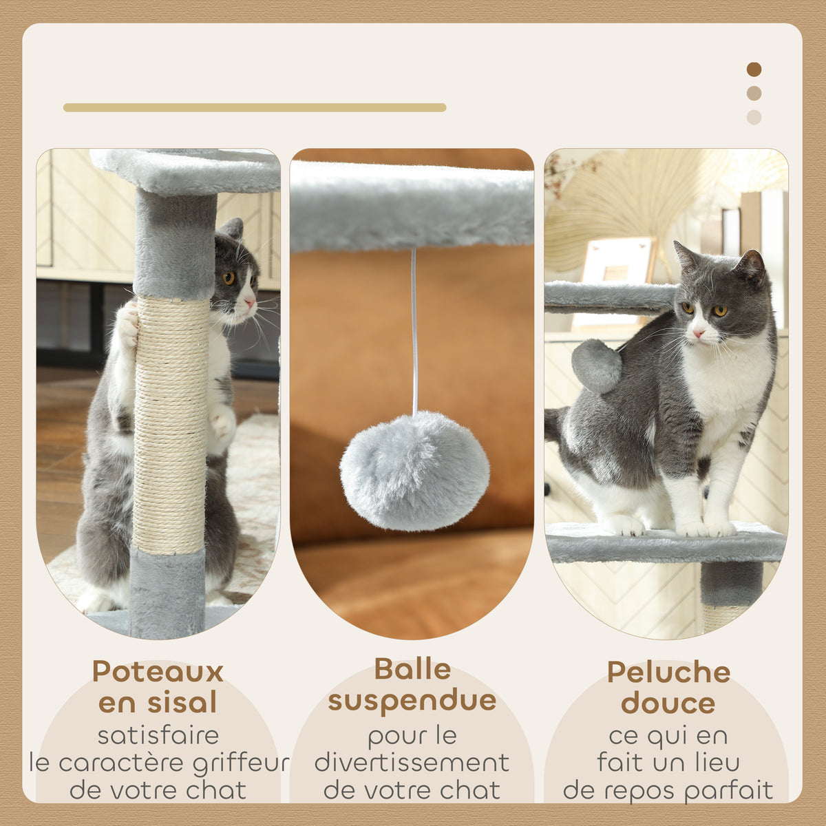 Arbre à chat tour de jeux pour chats poteaux en sisal, 2 plate-forme, niche, balle, tissu peluche, 50x30x81,5cm, gris-4