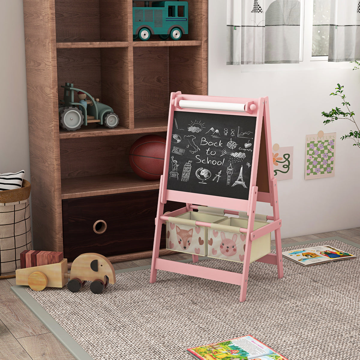Tableau chevalet enfant ardoise double face tableau à craie rouleau papier 2 paniers 54 x 46,5 x 93 cm rose-9