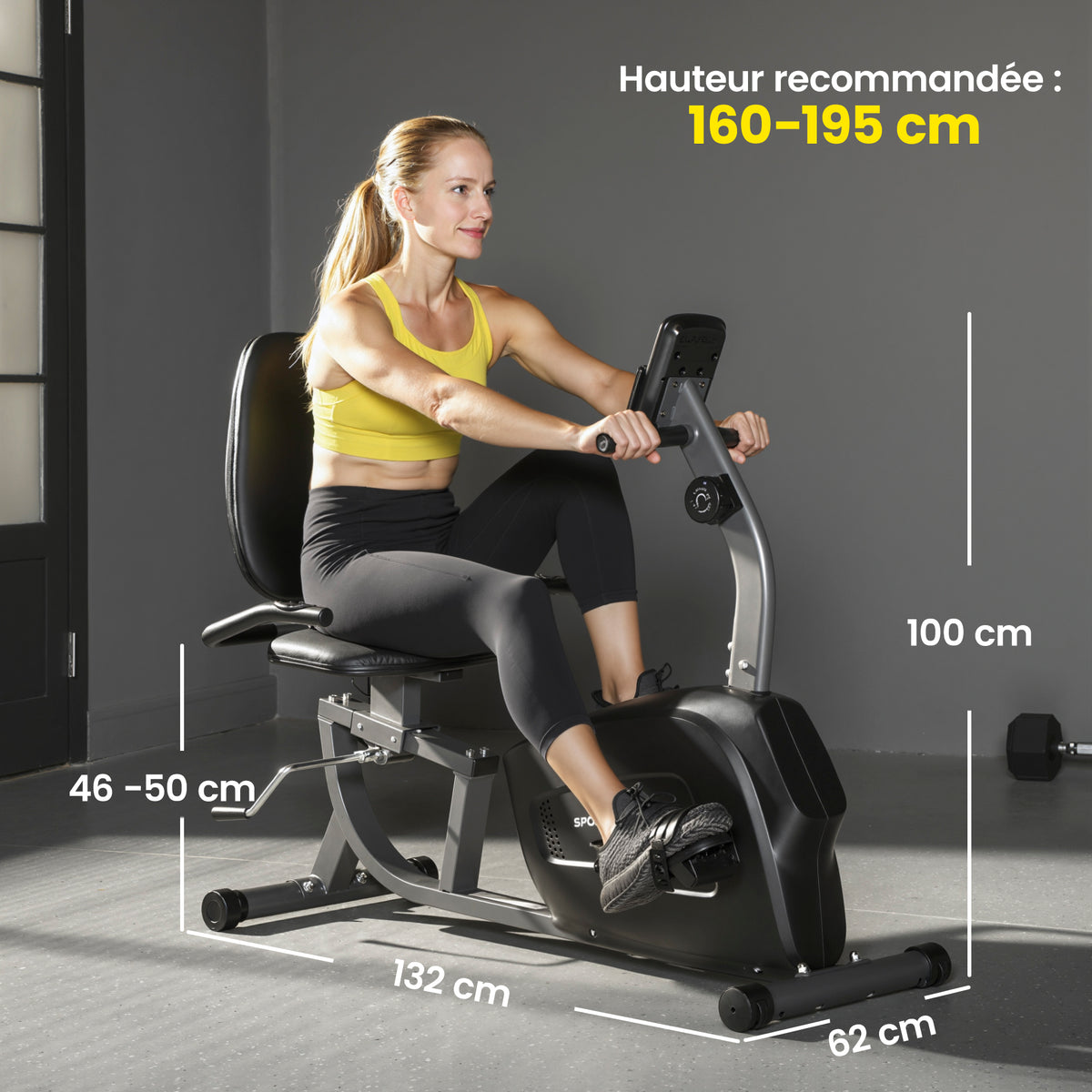 Vélo d'Appartement Semi-Allongé avec Roues, Résistance Magnétique et Siège Réglable, 132x62x100cm, Noir-2