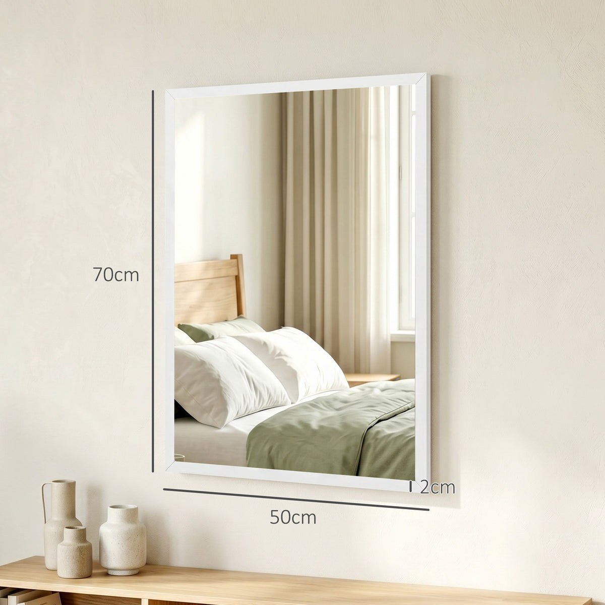 Miroir mural rectangulaire 50 x 70 cm, cadre en bois blanc, idéal pour la salle de bain, salon ou chambre-2