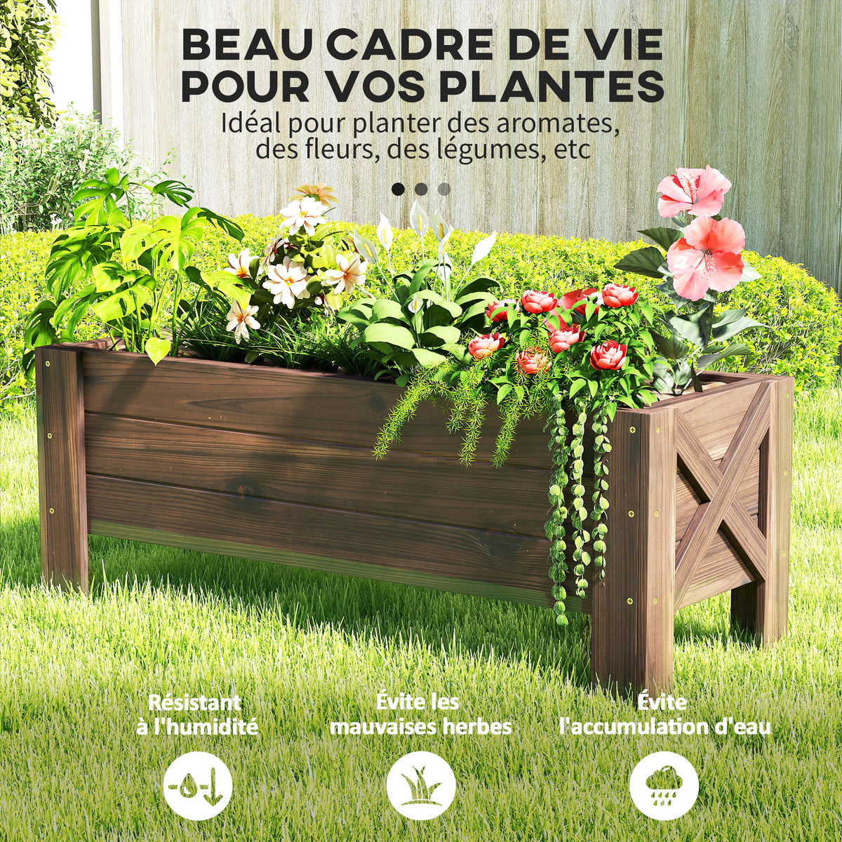 Jardinière sur Pieds bac à Fleurs dim. 100L x 36l x 36H cm Inserts d'irrigation Inclus Bois Massif Sapin traité-3