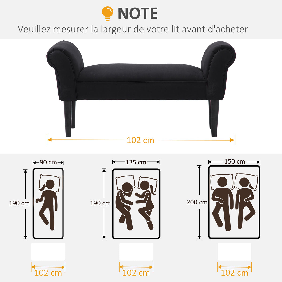 Banc Entrée Bout de Lit Rembourré pour Chambre à Coucher, Tissu à Voile, 102 x 36 x 51 cm, Noir-5