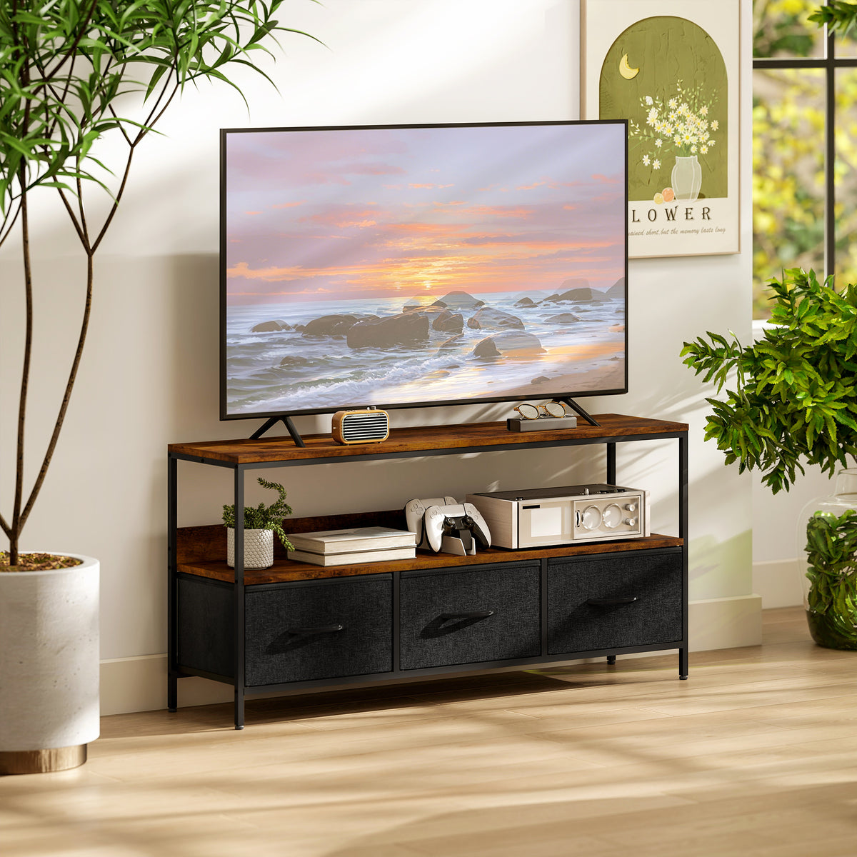 Meuble TV, meuble télé pour téléviseur jusqu'à 55 pouces avec 3 tiroirs et pieds en acier 120 x 29 x 56 cm brun rustique-1