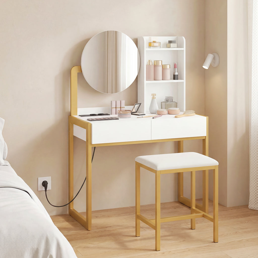 Coiffeuse avec miroir et tabouret, station de charge, table de maquillage avec 2 tiroirs, 3 étagères ouvertes, blanc-8