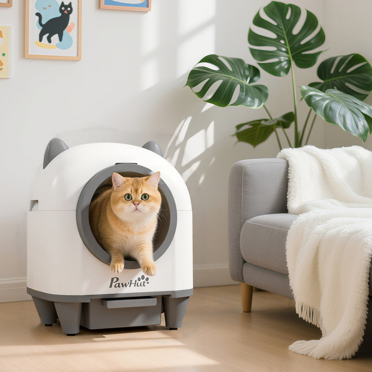 Bac à litière pour chat autonettoyant 80L, bac à litière automatique contrôle app, anti-pinch, 55,5 x 51 x 60 cm, blanc-9